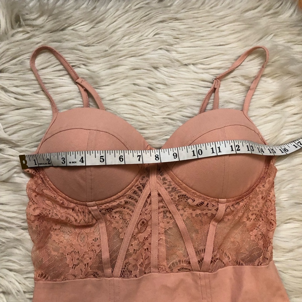 Haute Monde Corset Lace See Through Bodycon Flirty Coral Pink Mini Dress size L - Picture 11 of 13